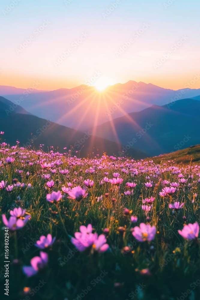 Fototapeta premium The sun shines on the vibrant pink firefall flowers in Clipper Field, Great National Park at sunrise, with towering mountains visible across the horizon. The colorful wildflowers line the valley floor