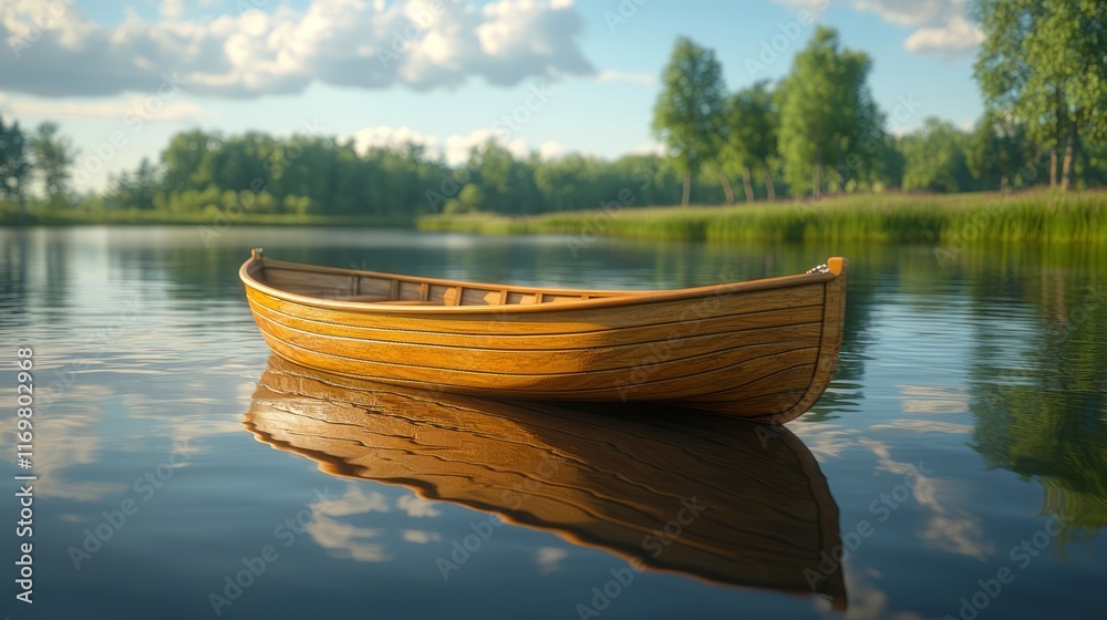 Obraz premium Serene Wooden Boat on Calm Water Under Blue Sky