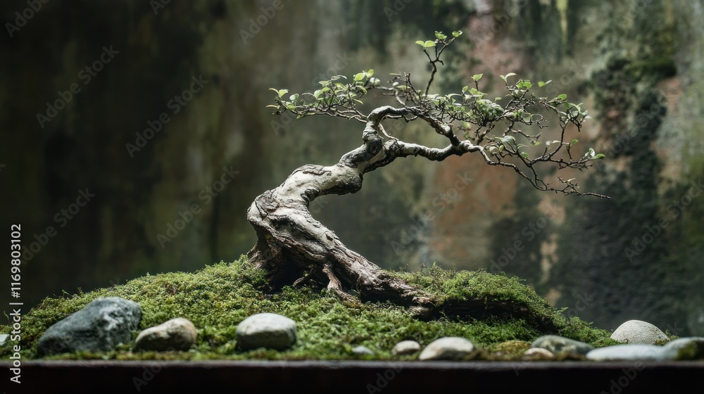 A serene bonsai tree on moss with stones, showcasing nature's beauty and tranquility. A serene bonsai tree on moss with stones, showcasing nature's beauty and tranquility.