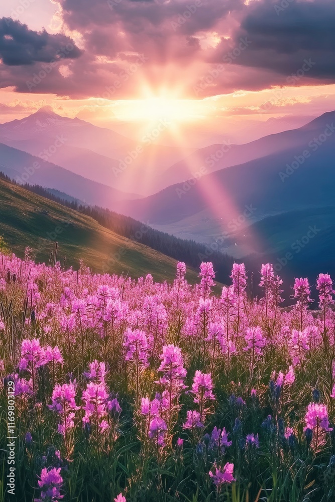 Fototapeta premium The sun shines on the vibrant pink firefall flowers in Clipper Field, Great National Park at sunrise, with towering mountains visible across the horizon. The colorful wildflowers line the valley floor