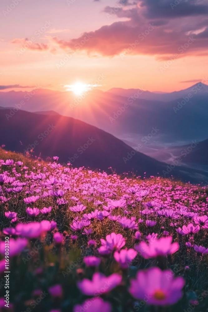 Obraz premium The sun shines on the vibrant pink firefall flowers in Clipper Field, Great National Park at sunrise, with towering mountains visible across the horizon. The colorful wildflowers line the valley floor