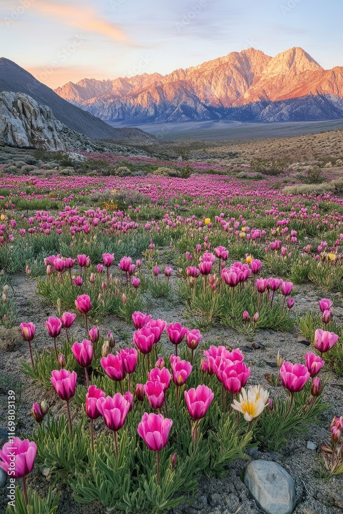 Fototapeta premium The sun shines on the vibrant pink firefall flowers in Clipper Field, Great National Park at sunrise, with towering mountains visible across the horizon. The colorful wildflowers line the valley floor