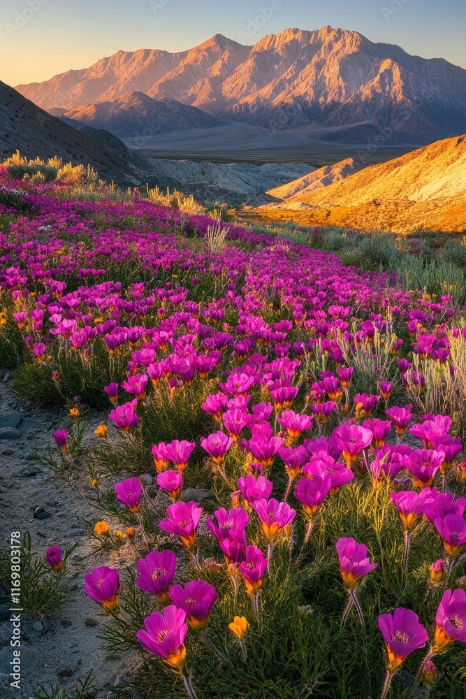 Obraz premium The sun shines on the vibrant pink firefall flowers in Clipper Field, Great National Park at sunrise, with towering mountains visible across the horizon. The colorful wildflowers line the valley floor