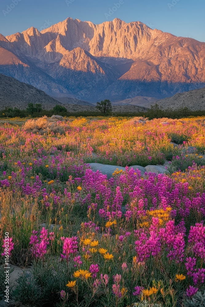Fototapeta premium The sun shines on the vibrant pink firefall flowers in Clipper Field, Great National Park at sunrise, with towering mountains visible across the horizon. The colorful wildflowers line the valley floor