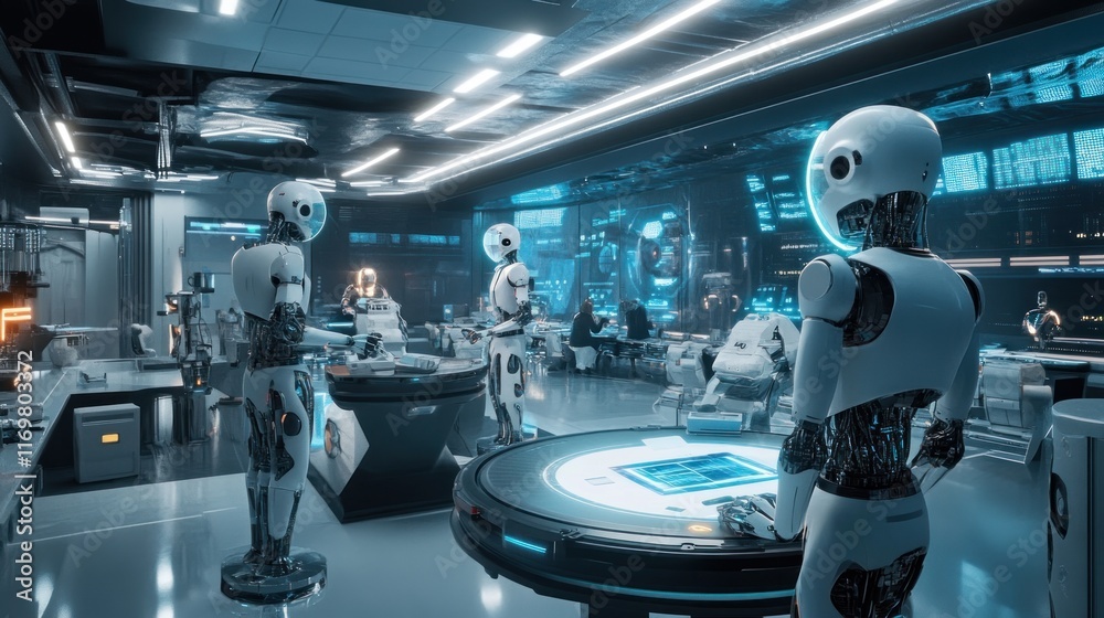 A futuristic lab with humanoid robots collaborating on advanced technology. A futuristic lab with humanoid robots collaborating on advanced technology.