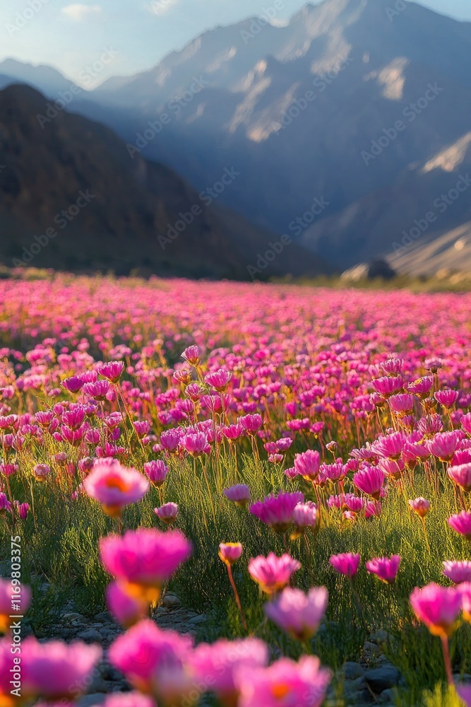 Obraz premium The sun shines on the vibrant pink firefall flowers in Clipper Field, Great National Park at sunrise, with towering mountains visible across the horizon. The colorful wildflowers line the valley floor