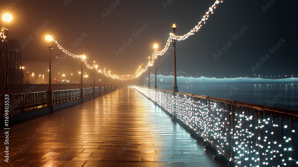 Obraz premium Sparkling White Lights Outlining a Misty Waterfall Scene