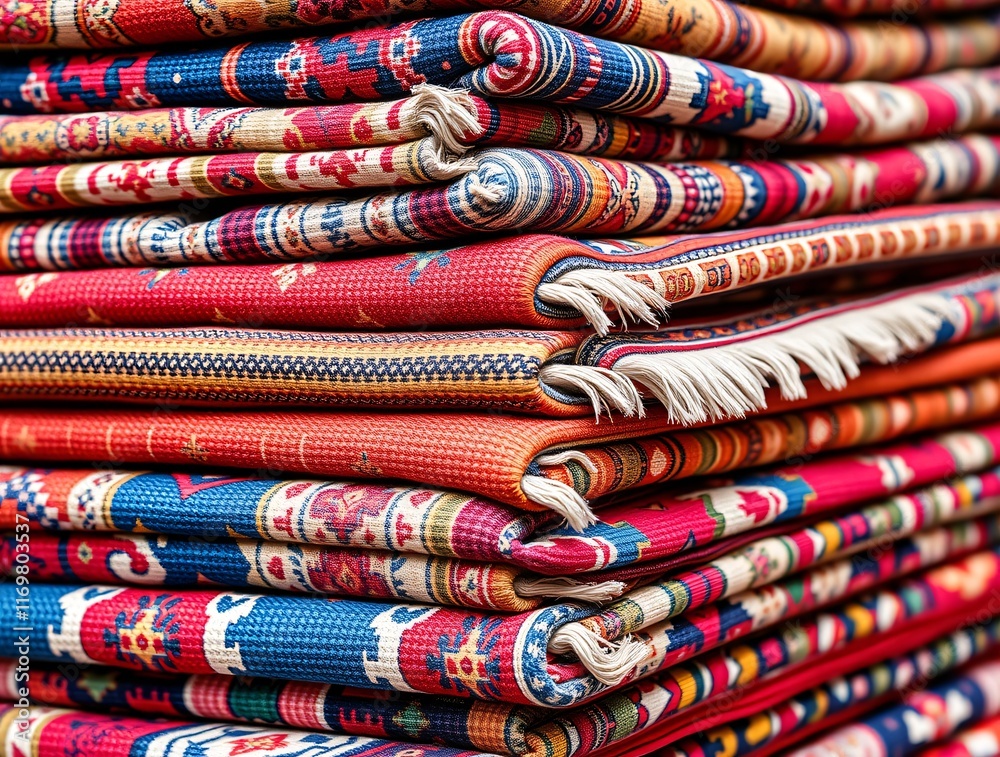 Stack of vibrant traditional woven rugs with intricate patterns and designs Stack of vibrant traditional woven rugs with intricate patterns and designs