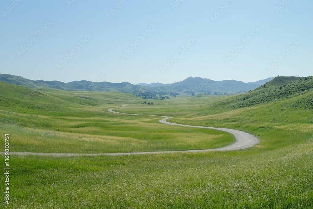 The undulating grassland, the green wheat fields, and the blue sky form an endless landscape under the sunlight. The road meanders through the field, creating a winding path leading towards The undulating grassland, the green wheat fields, and the blue sky form an endless landscape under the sunlight. The road meanders through the field, creating a winding path leading towards