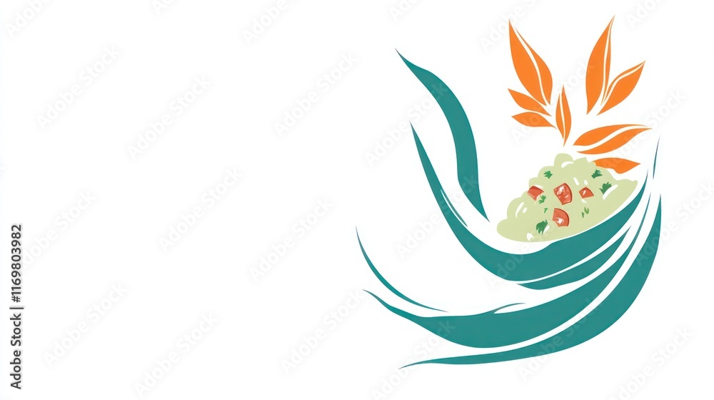 Fototapeta premium A stylized graphic representing a bowl of food with leaves and herbs.