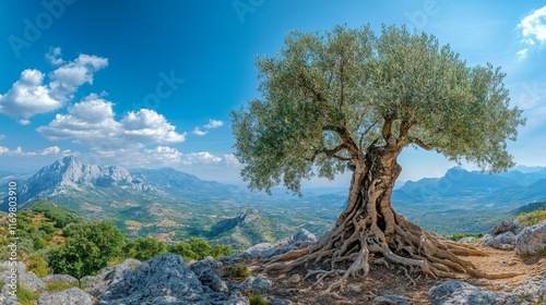 Majestic olive tree on mountaintop, scenic landscape. photo