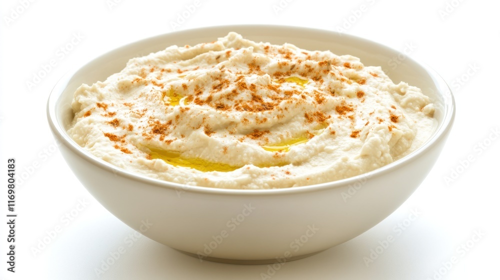 A creamy bowl of hummus drizzled with olive oil and sprinkled with spices. A creamy bowl of hummus drizzled with olive oil and sprinkled with spices.