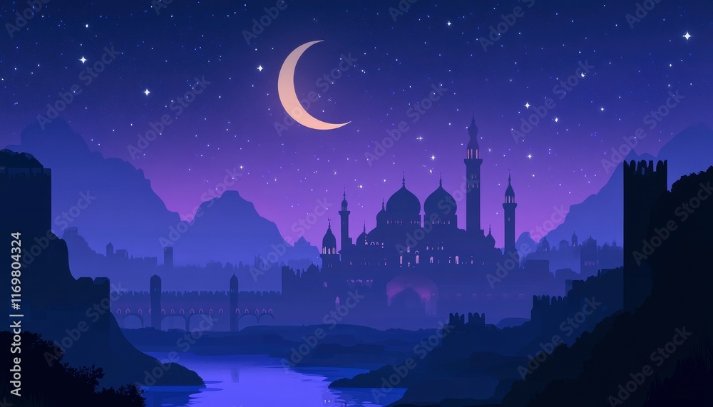 Vector illustration of a crescent moon over a mosque silhouette at night with a copy space banner background, a Ramadan Islamic celebration holiday concept. Vector illustration of a crescent moon over a mosque silhouette at night with a copy space banner background, a Ramadan Islamic celebration holiday concept.