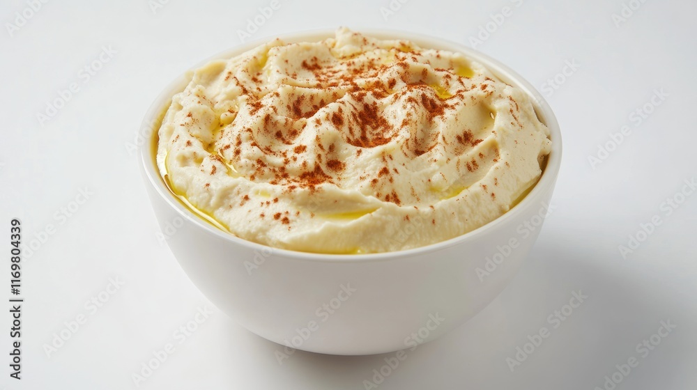 A bowl of creamy hummus drizzled with olive oil and topped with paprika. A bowl of creamy hummus drizzled with olive oil and topped with paprika.