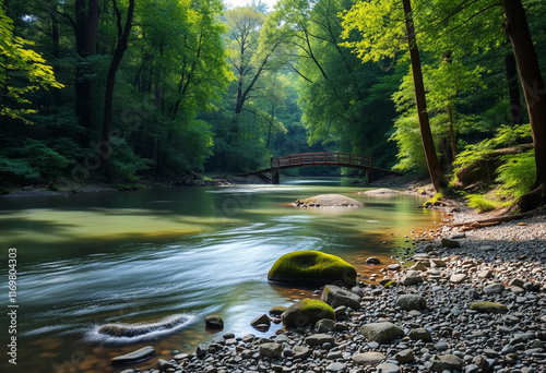 a river with rocks and trees in the background and a bridge in the background.