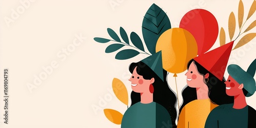 Three women celebrate with colorful balloons and party hats, surrounded by leaves, evoking a festive and joyful atmosphere.