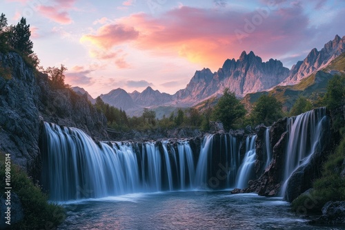 Waterfall, cascading water in rows, mountains in the background, pink sky at sunset, wide-angle lens, symmetrical composition, natural light, flowing movements, spectacular scenery, blue tones,. photo