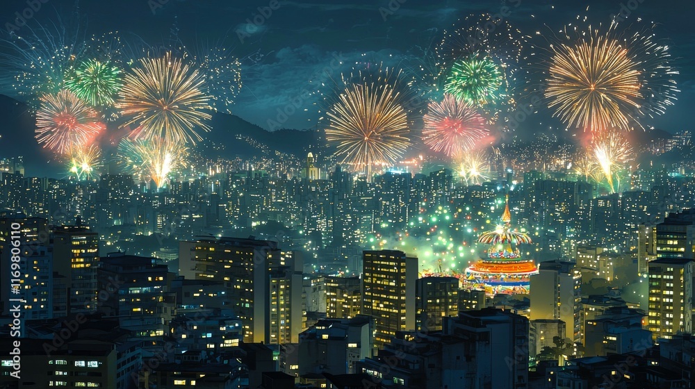 Obraz premium Vibrant Brazilian Carnival Night with Illuminated Cityscape and Fireworks Display Celebrating Festive Culture and Urban Joy