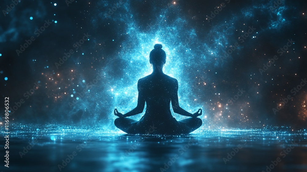Woman meditating in lotus pose, surrounded by ethereal blue light and sparks. Woman meditating in lotus pose, surrounded by ethereal blue light and sparks.