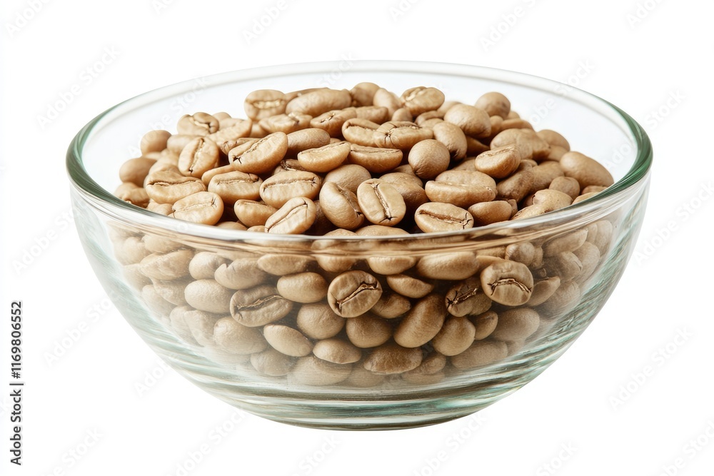 A glass bowl filled with light brown coffee beans, ready for roasting or brewing. A glass bowl filled with light brown coffee beans, ready for roasting or brewing.