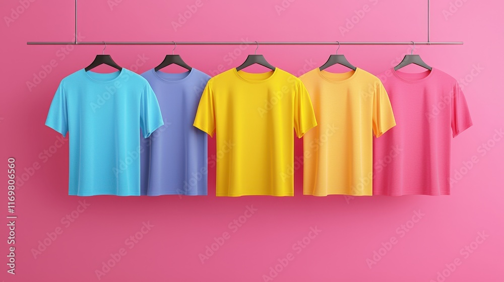 Display of colorful t-shirts concept, A vibrant display of five colorful t-shirts hanging on a rack against a pink background, showcasing a range of bright hues. Display of colorful t-shirts concept, A vibrant display of five colorful t-shirts hanging on a rack against a pink background, showcasing a range of bright hues.