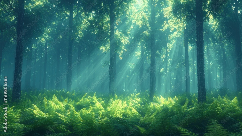 Obraz premium Enchanted Forest: Sunbeams Through Ancient Trees