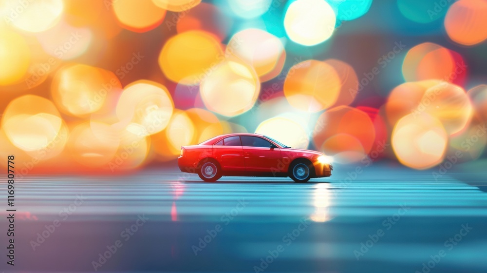 Fototapeta premium A red car races along a city street at night, surrounded by vibrant, blurred lights that create a lively, dynamic atmosphere