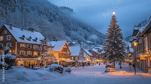 A charming village covered in snow, with inviting homes illuminated by soft lights, holiday decorations embellishing the streets, and a magnificent Christmas tree in the town square. photo