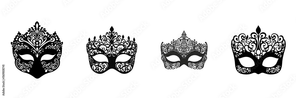 Elegant black masquerade masks with intricate designs on a white background. Elegant black masquerade masks with intricate designs on a white background.