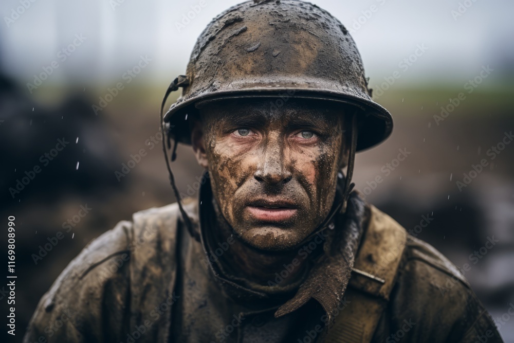 Portrait of a man in a military uniform in the rain. Portrait of a man in a military uniform in the rain.