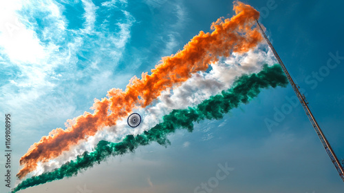 Republic Day of India Aerial Aerobatics Display with Colorful Smoke Trails in the Sky. Concept of national celebration, patriotism, vibrant festivities, and aerial performances photo