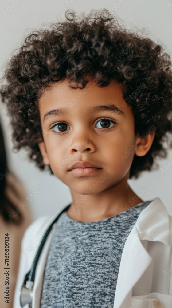custom made wallpaper toronto digitalIn a medical office, a young boy with curly hair is attentively engaged during his checkup with a female doctor present nearby
