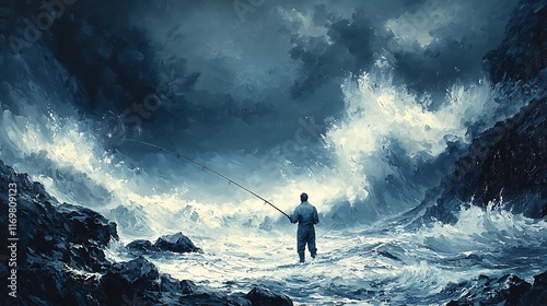 Solitary Fisherman Braving a Stormy Sea, an Impressionistic Oil Painting.