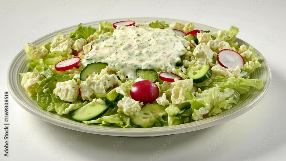 Fresh salad with crisp vegetables and creamy dressing served on a large plate Fresh salad with crisp vegetables and creamy dressing served on a large plate