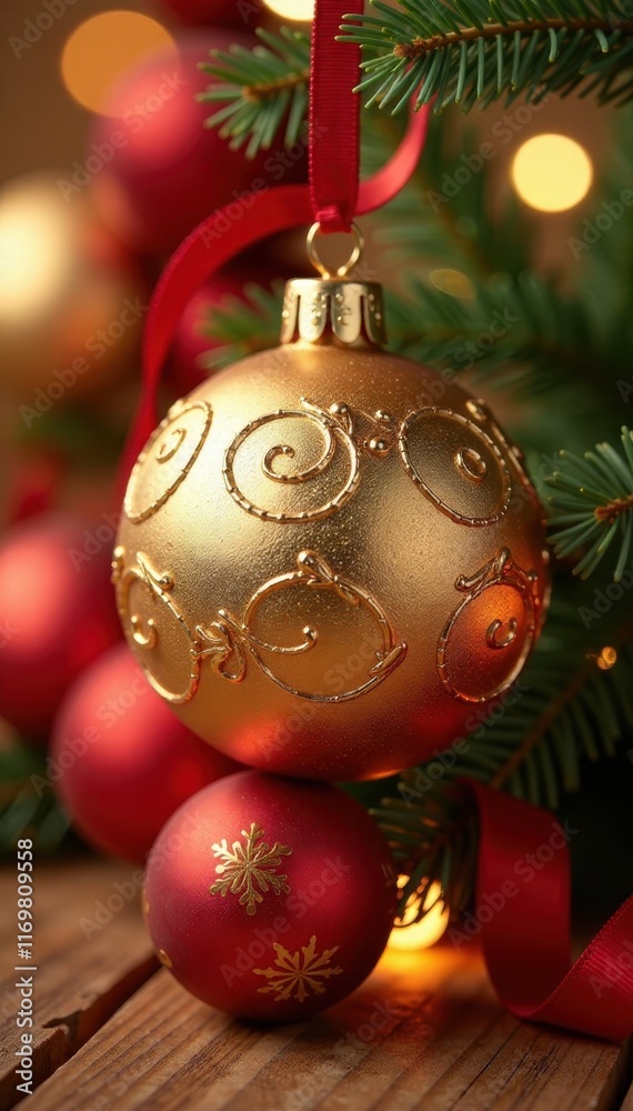 Golden background, ornate Christmas ornament with ribbon , light, elegant christmas, festive background Golden background, ornate Christmas ornament with ribbon , light, elegant christmas, festive background
