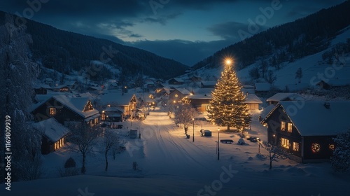 picturesque village blanketed in snow, featuring warmly lit homes, holiday ornaments decorating the streets, and a magnificent Christmas tree radiating light in the central square. photo