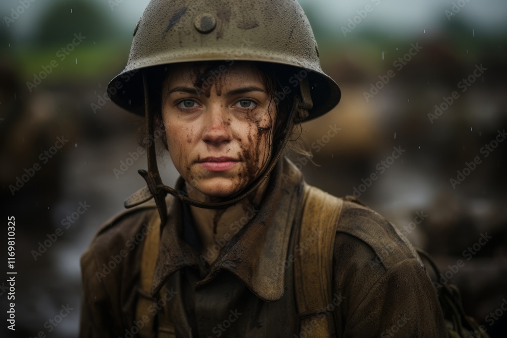 Portrait of a girl in a military uniform in the rain. Portrait of a girl in a military uniform in the rain.