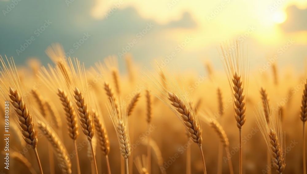 Softly swaying wheat stalks golden in the misty sky, cloudy sky, peaceful Softly swaying wheat stalks golden in the misty sky, cloudy sky, peaceful