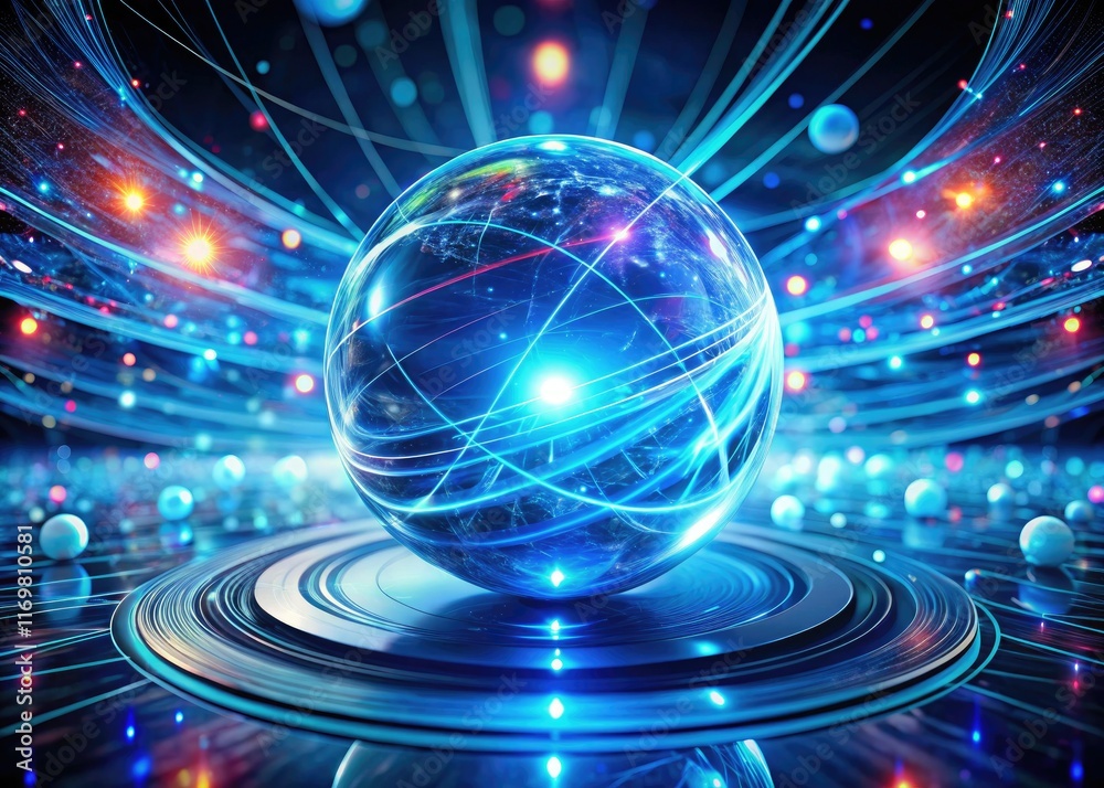 Fototapeta premium Blue nebula swirls within a glowing sphere, futuristic digital art, deep focus.