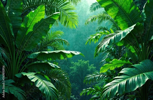 Fototapeta Naklejka Na Ścianę i Meble -  Lush tropical foliage frames a serene path through the rainforest under soft sunlight