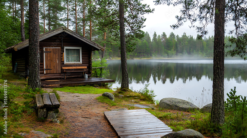 A cabin is situated next to a lake, with a path leading to it. generated using AI A cabin is situated next to a lake, with a path leading to it. generated using AI