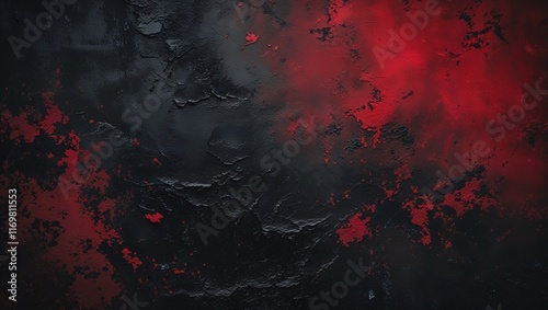 Red spray paint blobs on rough grunge texture black background