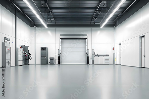 empty vehicle service bay clean minimal white inteiror walls service lift storage cabinets tool boxes photo