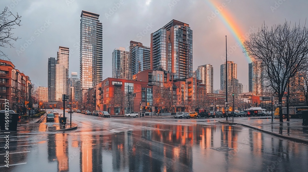 Obraz premium City street reflecting rainbow after rain.