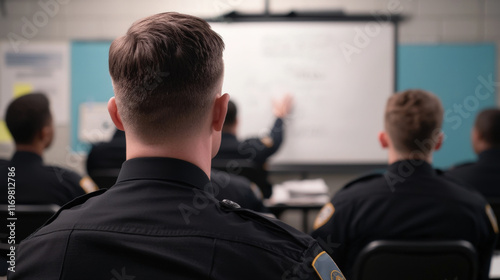 Criminal justice training concept. A group of police officers in uniform attentively watches a presentation, focusing on a whiteboard in a classroom setting. photo