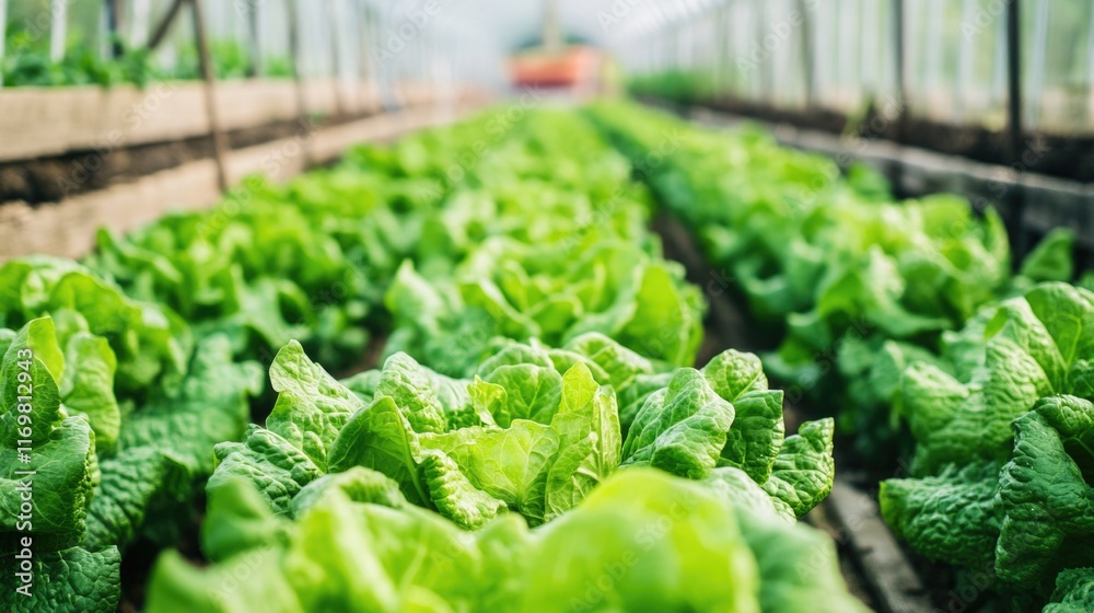 Row of green lettuce plants are growing in a greenhouse. The plants are all the same size and are evenly spaced out. The greenhouse is filled with sunlight, making the plants look healthy Row of green lettuce plants are growing in a greenhouse. The plants are all the same size and are evenly spaced out. The greenhouse is filled with sunlight, making the plants look healthy