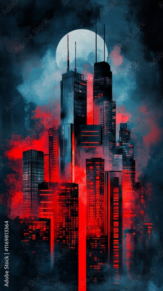 Obraz premium Futuristic Cityscape with Red and Blue Fog Under a Full Moon