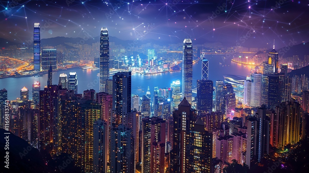 Obraz premium Night cityscape, Hong Kong skyline with digital network overlay.