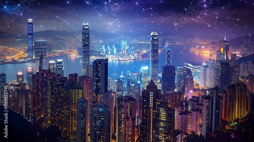 Wallpaper Mural Night cityscape, Hong Kong skyline with digital network overlay. Torontodigital.ca