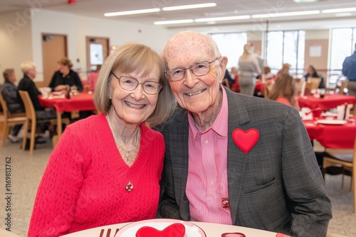 Couple in heart-themed outfits, sharing a laugh and warm moments on valentine's Day. photo